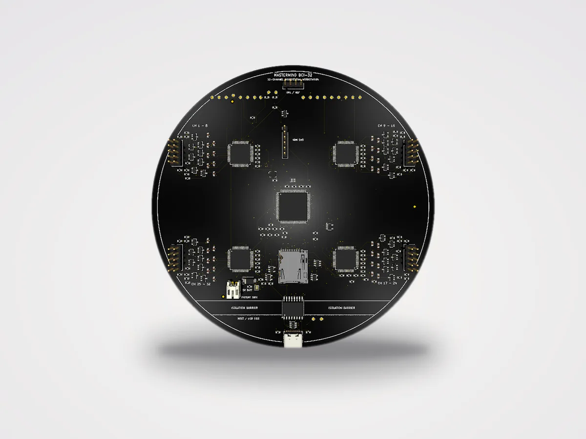 BCI-32 32-channel EEG board — top view, studio shot